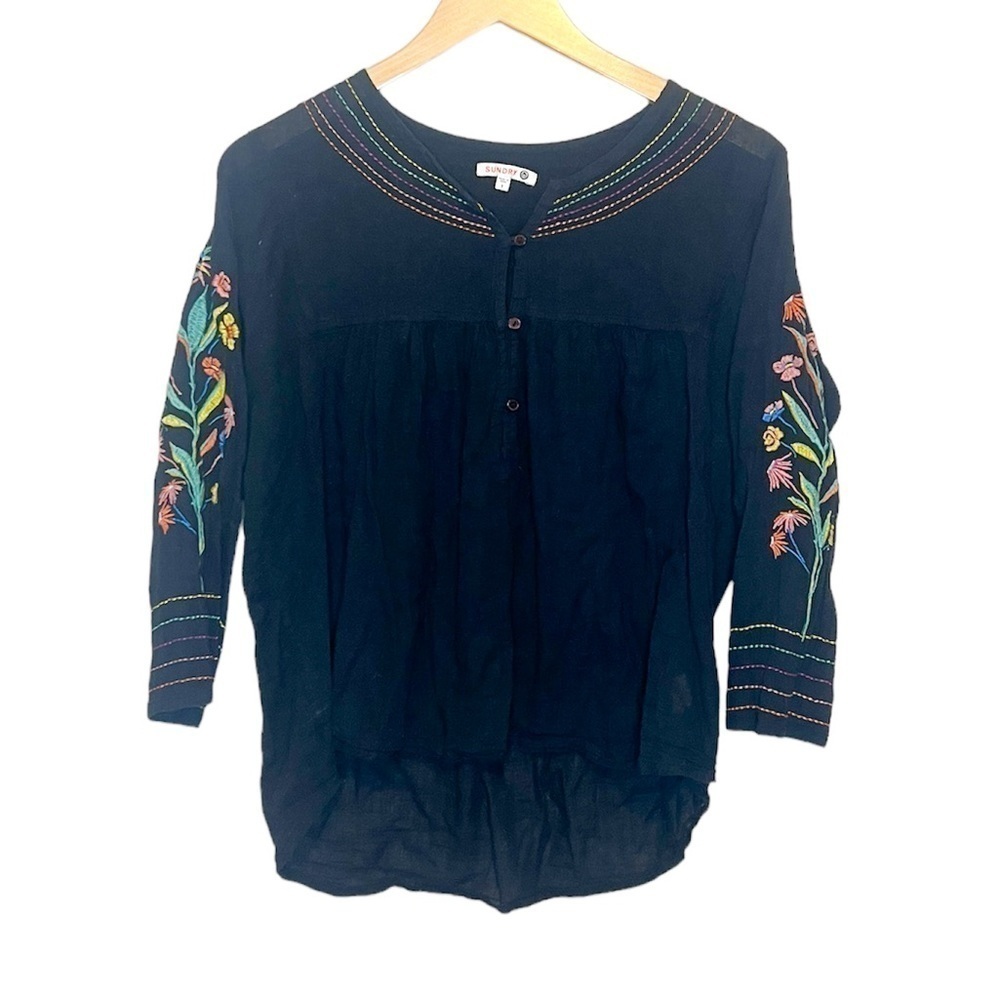 Sundry Embroidered Floral Sleeve Quarter Button Down Blouse 1 (Small)